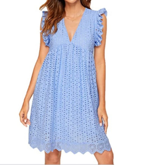 Women's Sleeveless Jacquard Cut-Out V-Neck Summer Beach Dress With Pocket - Lace Dresses