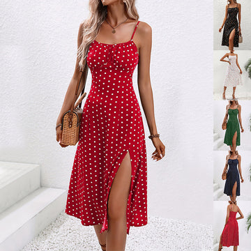 Women's Polka Dot Print Suspender Dress - Summer Sexy Split Long Dresses