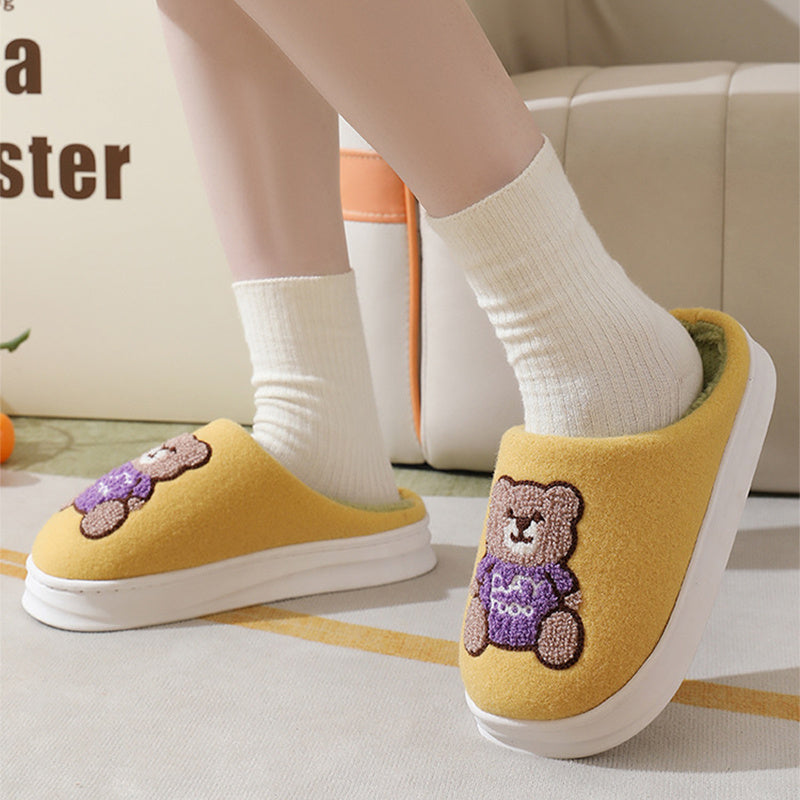 Women's Cartoon Bear Woollen Winter Warm Slippers - Indoor Thick-Soled Non-Slip Breathable House Shoes