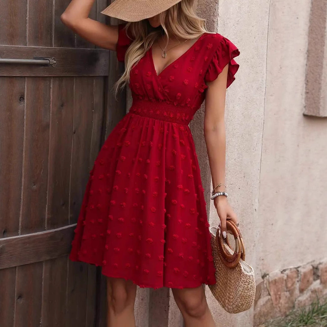 Jacquard Big Fur Ball Elastic Waist Ruffle Sleeve Short Sleeve V-Neck Dress