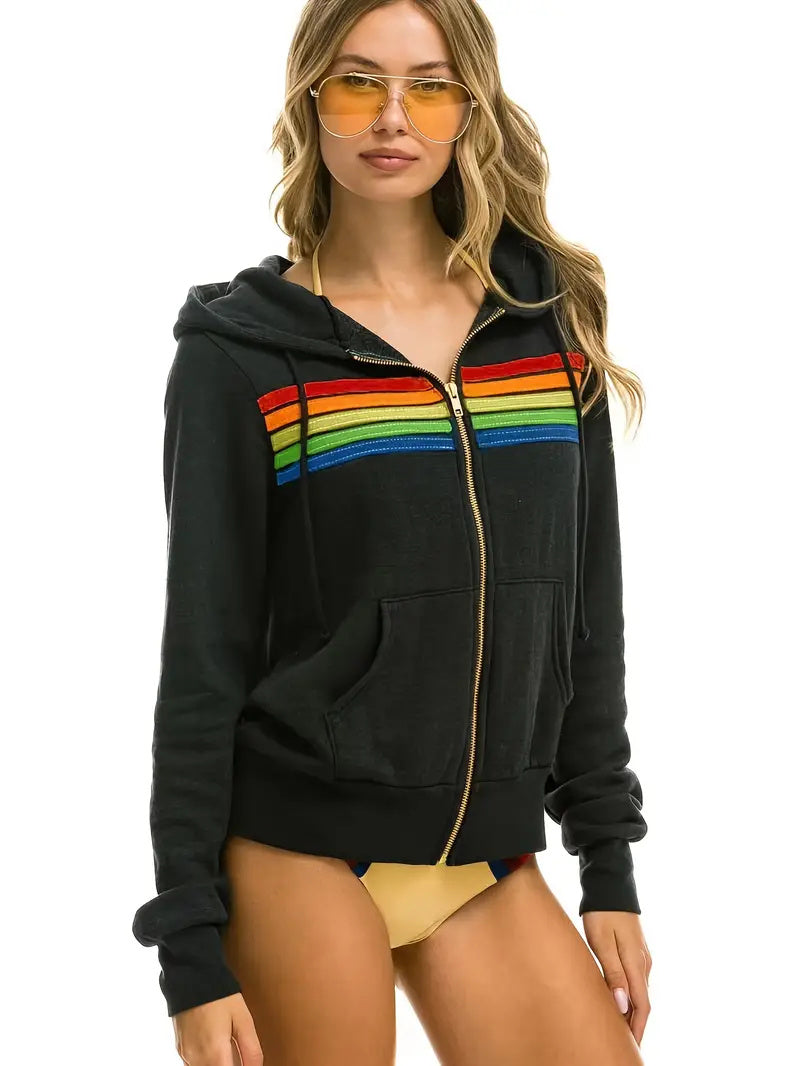 European And American Women's Casual Rainbow Sweater Jacket