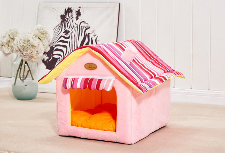 Pet House With Striped Removable Cover Mat For Small And Medium Dogs And Cats