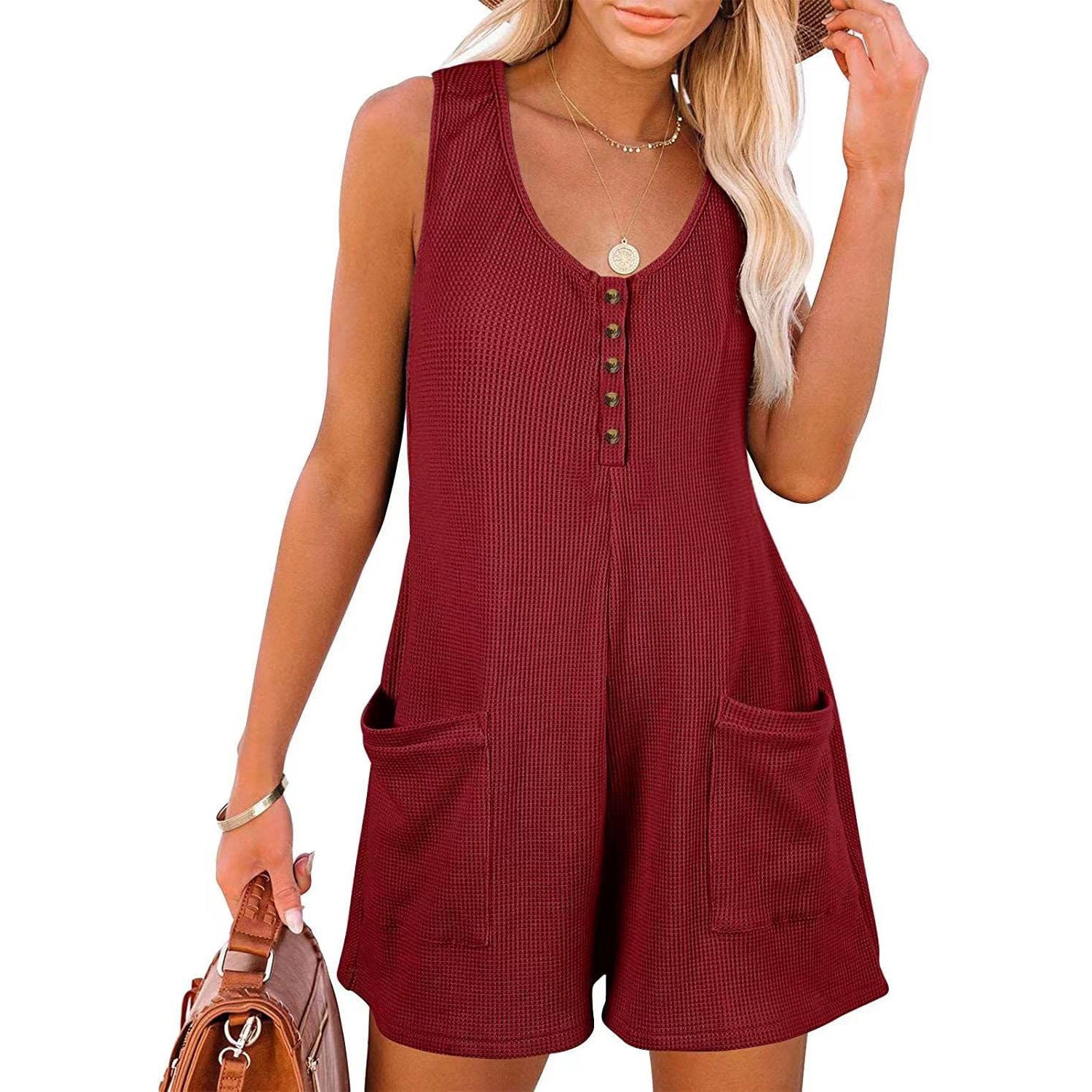 Women's Summer Loose Casual Button Pocket Vest Jumpsuit