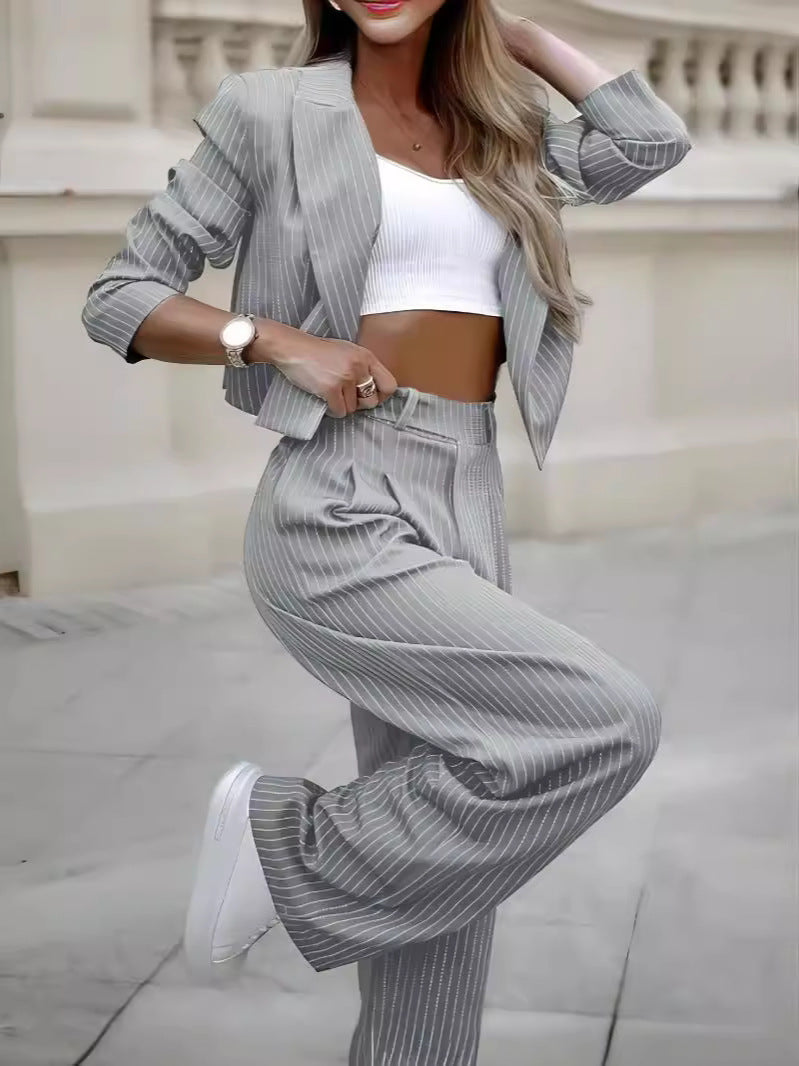 Women's Spring Fashion Striped Suits - Casual Lapel Long-Sleeve Cropped Top And Straight Pants Outfits