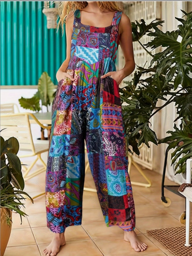 Women's Ethnic Style Suspender Button Printing Jumpsuit