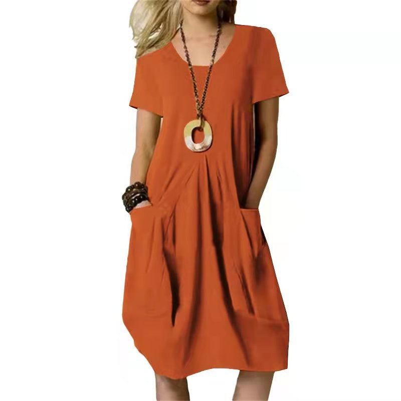Women's Cotton And Linen Solid Colour Loose Round Neck Short Sleeve Dress