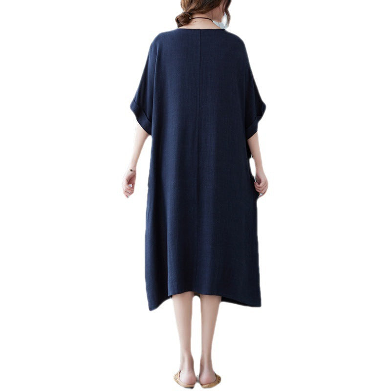Women's Cotton And Linen Loose Half Sleeve Contrast Panelled Dress