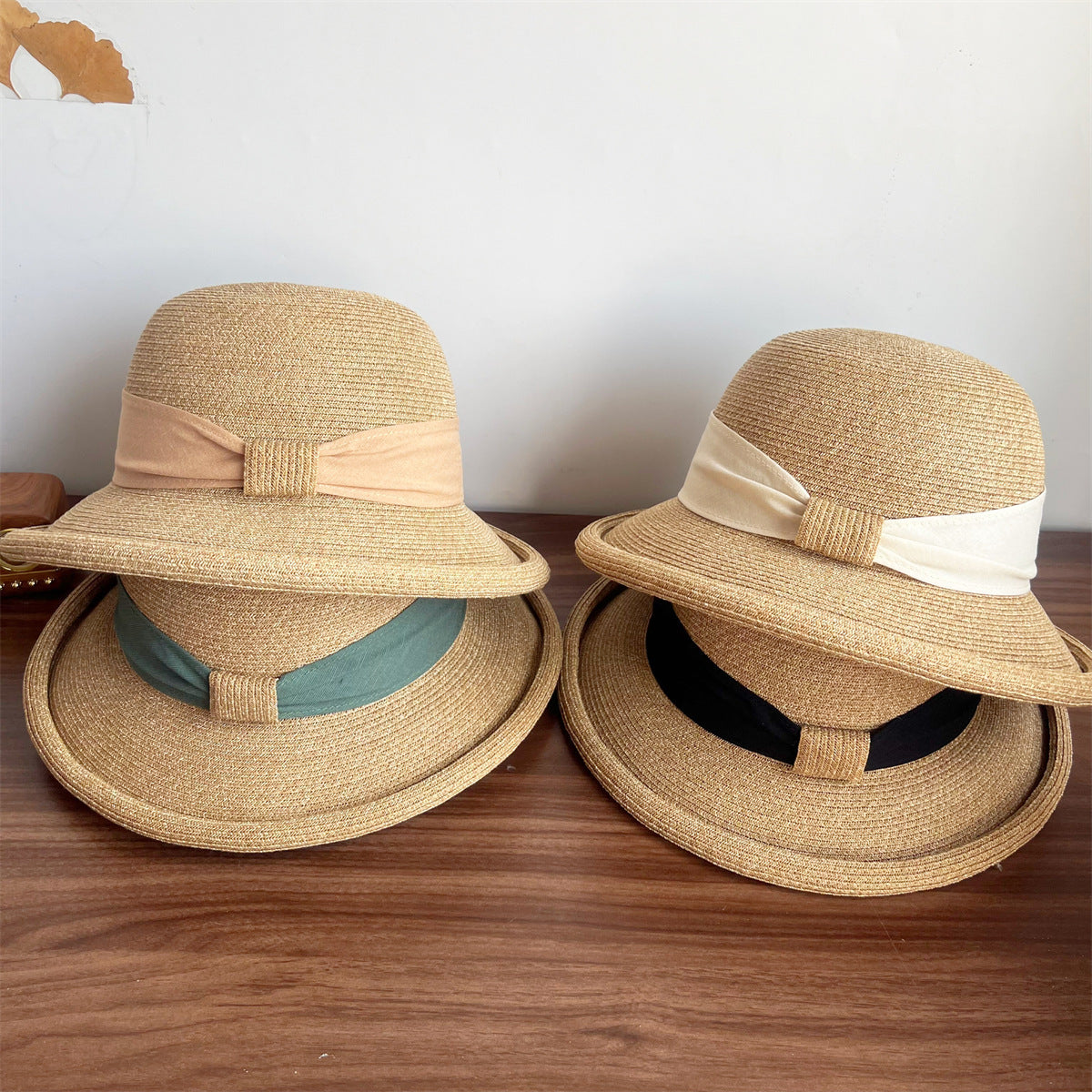 French Straw Sun Protection Bow Curling Temperament Straw Hat - All-Season Suitable