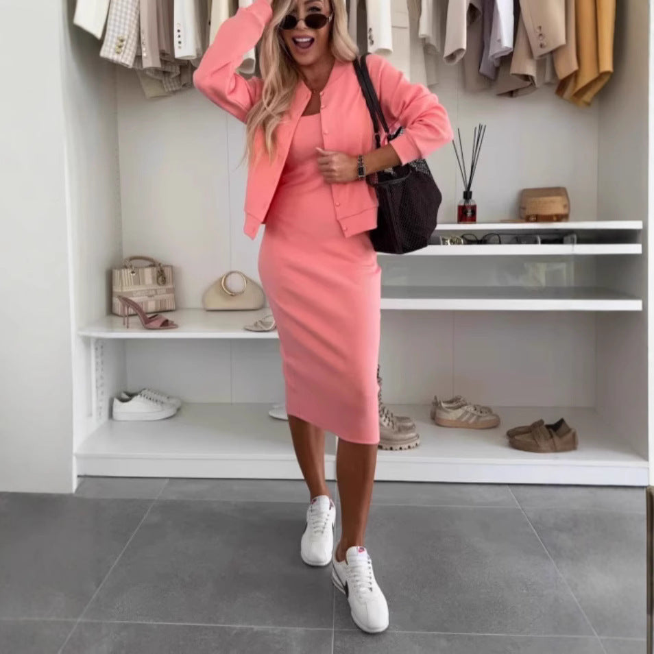 Women's Two-Piece Set Solid Colour Sling Dress - Cardigan Outerwear Top With Long Dress