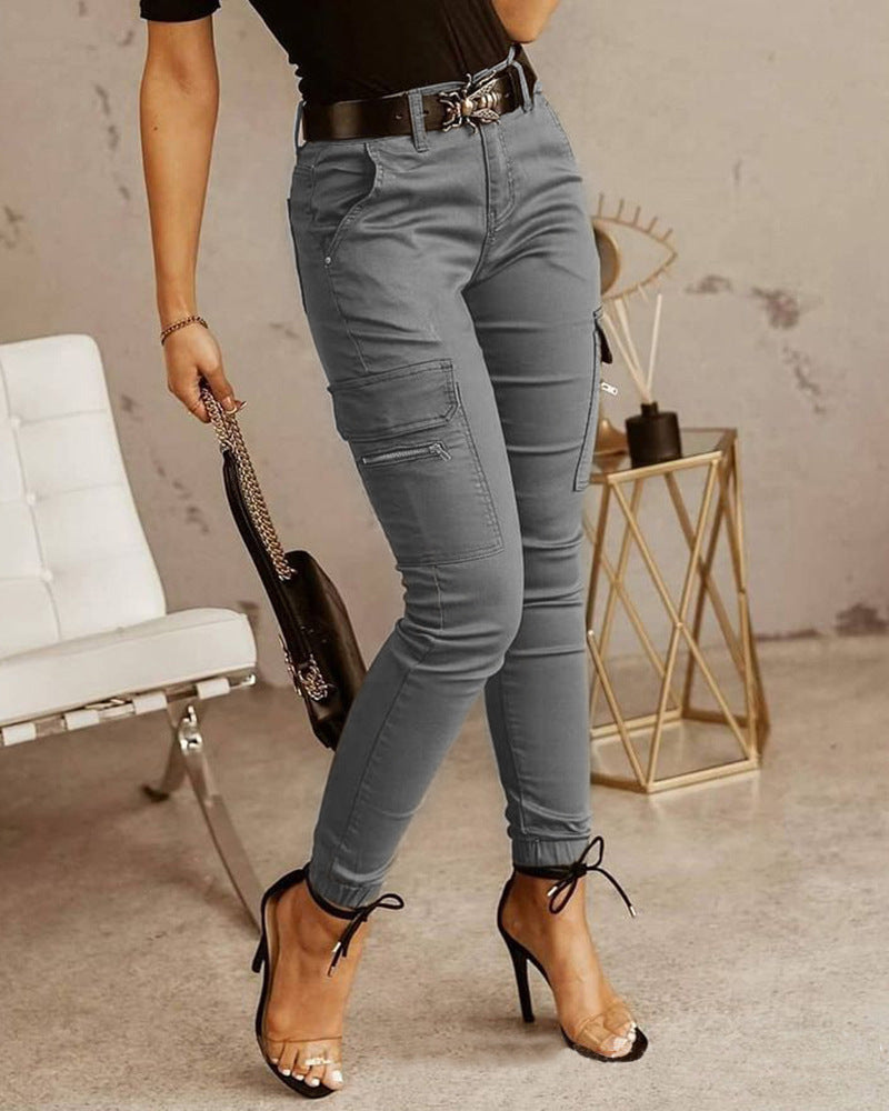 European And American Women's Trousers, Low-Waisted Buttons, Solid Colour Pockets