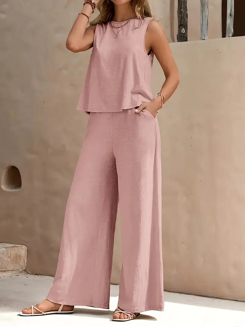 Women's Solid Colour Casual Loose Pants Sets - Elegant Spring Summer Two Pieces Suit For Ladies