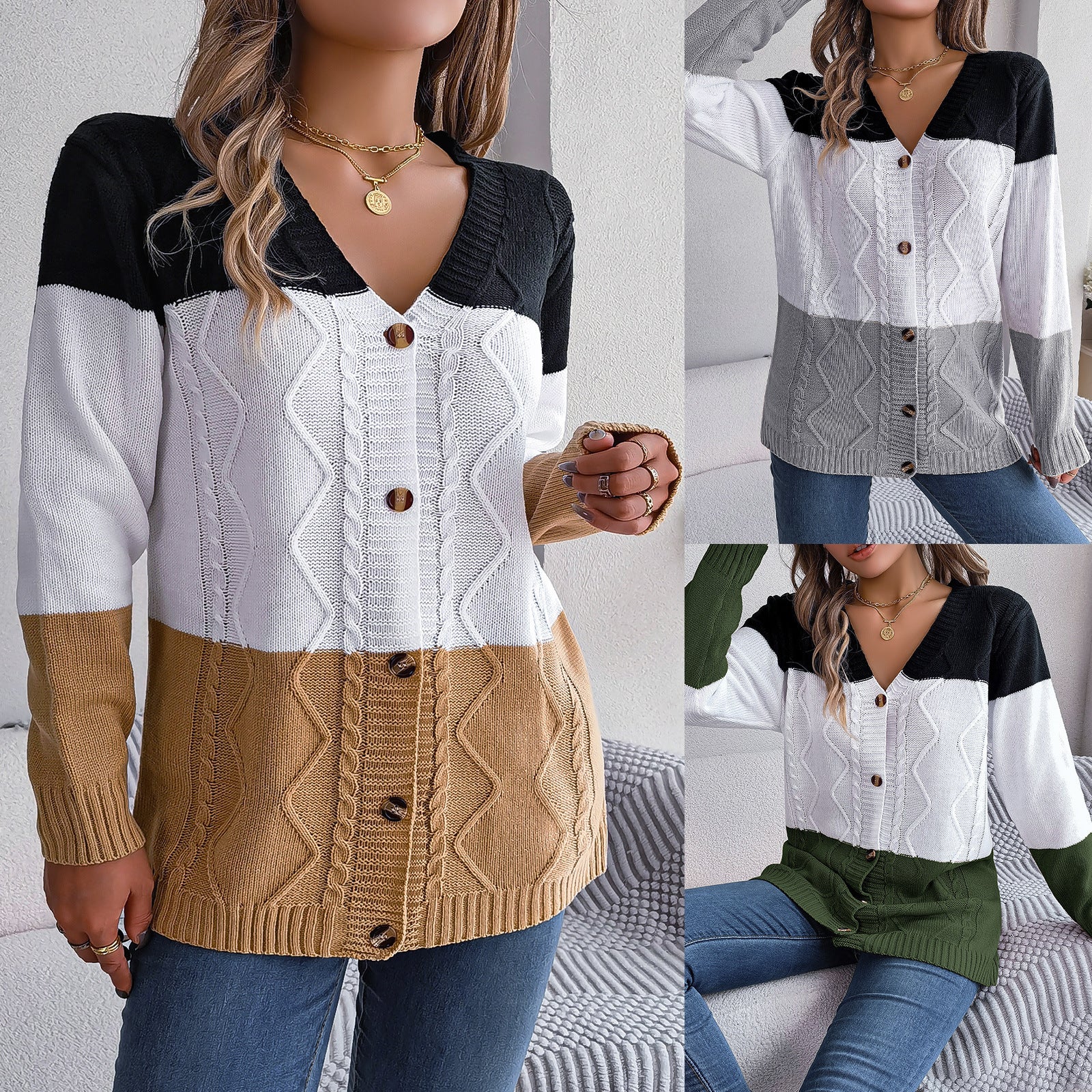 Women's Casual Contrast Colour Button Long Sleeve Sweater