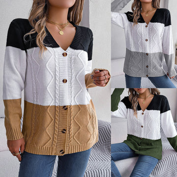Women's Casual Contrast Colour Button Long Sleeve Sweater