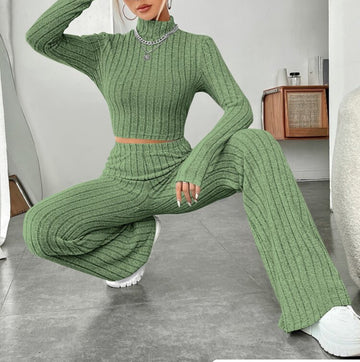 Long Sleeve Turtlenecks Wide Leg High Waist Trousers Suit For Women
