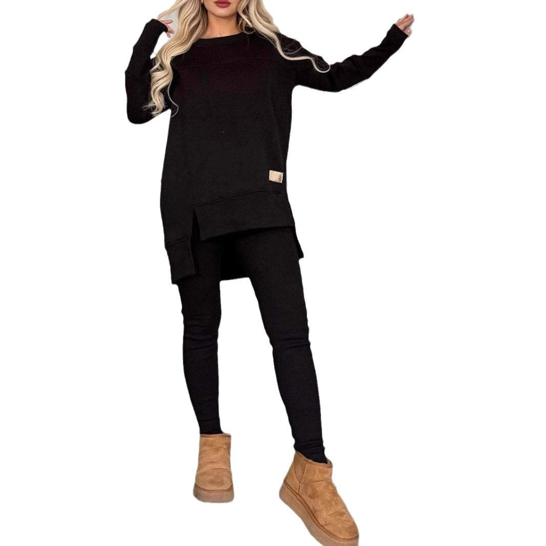 Women's Slit Long-Sleeve Top And Trousers Suit