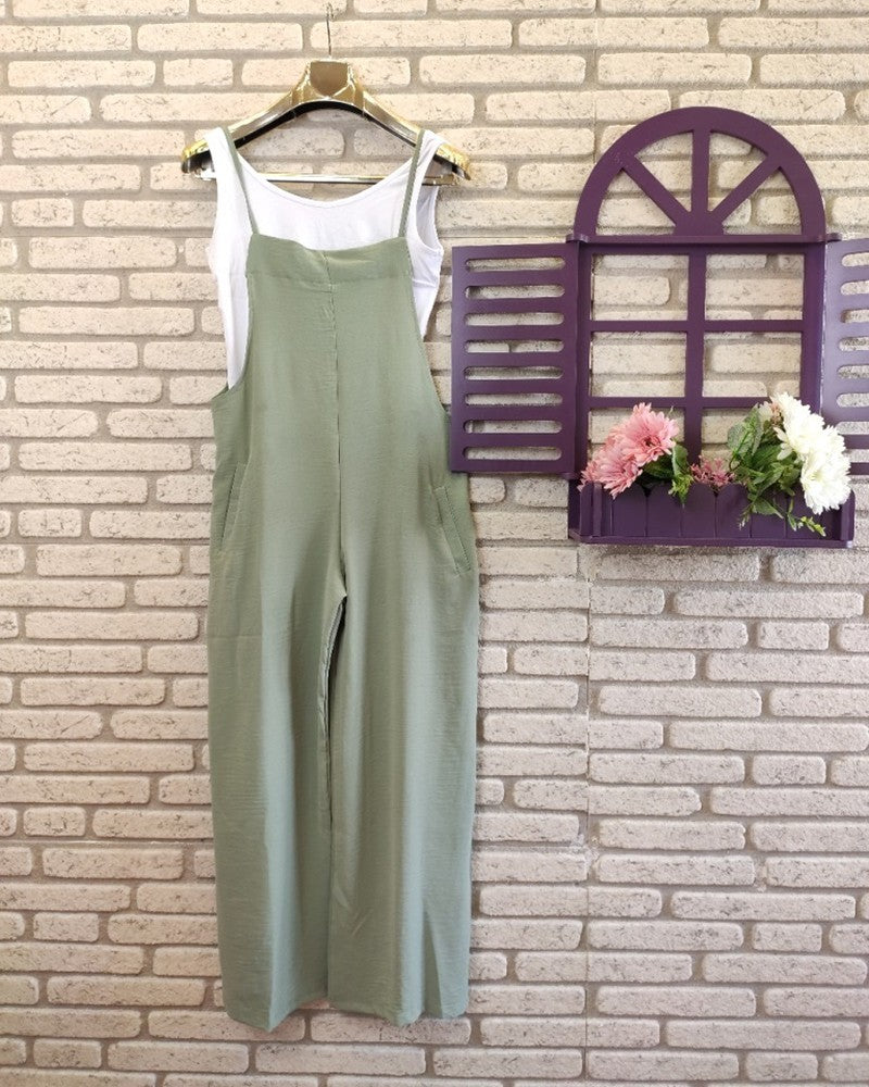Women's Dark Green Casual Suspender Wide-leg Jumpsuit