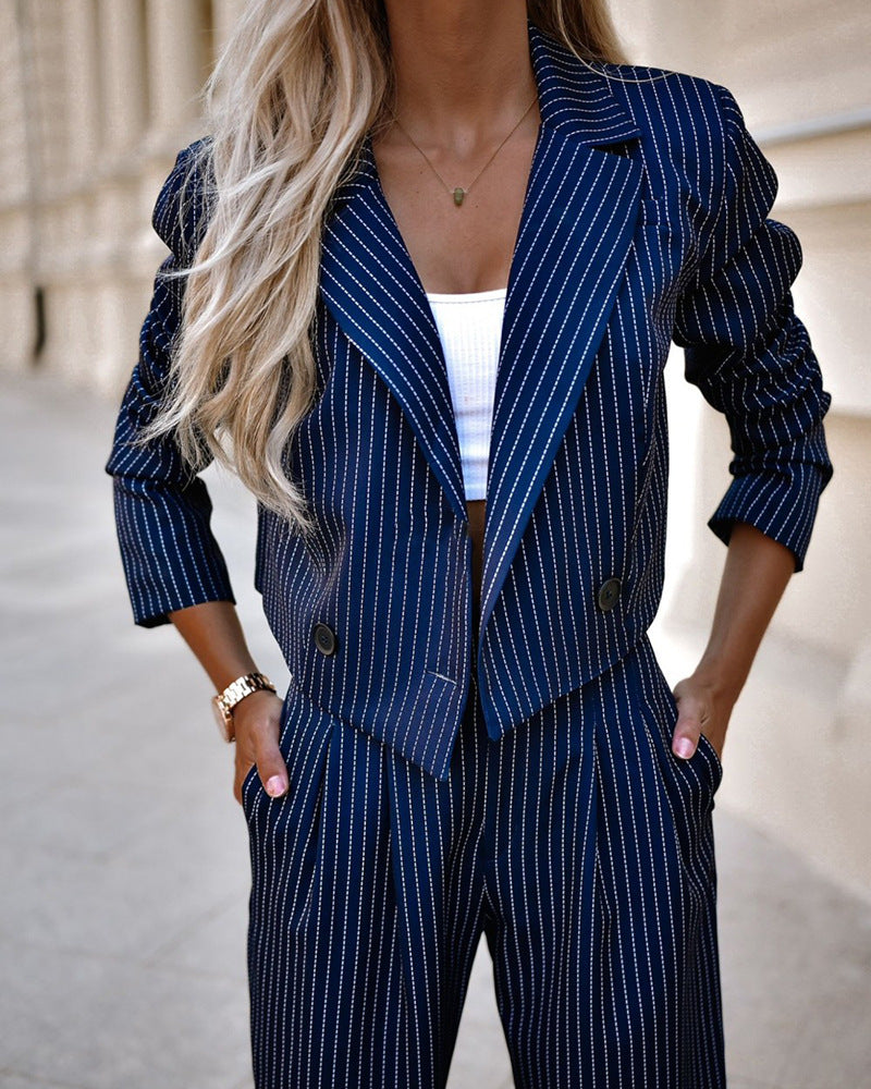 Women's Spring Fashion Striped Suits - Casual Lapel Long-Sleeve Cropped Top And Straight Pants Outfits