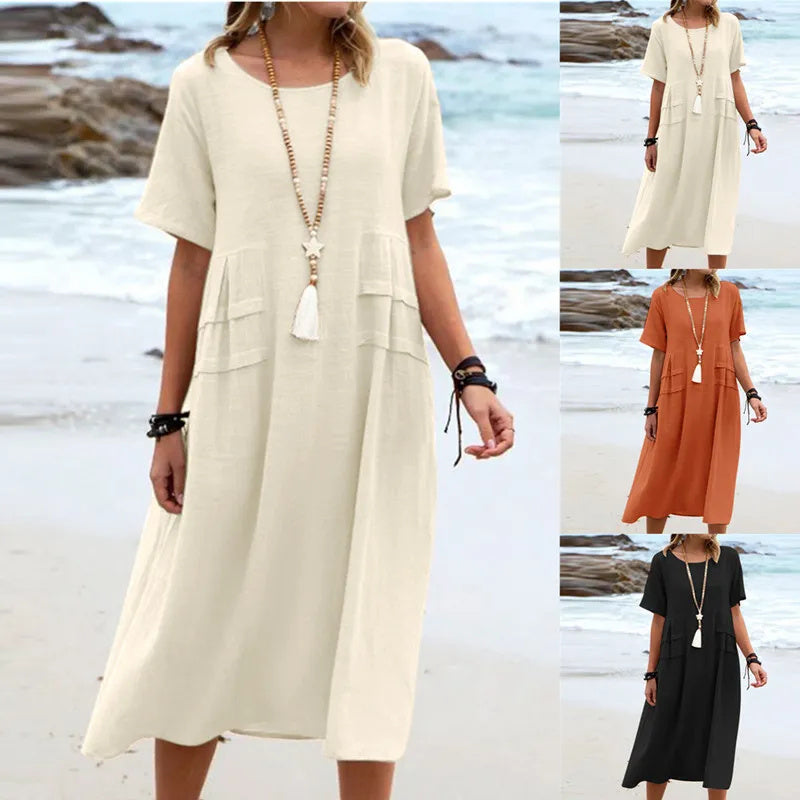 Women's Summer Loose Casual Mid Breathable Dress, Cotton Linen Short-Sleeve & Mid-Length Simple Beach Dress