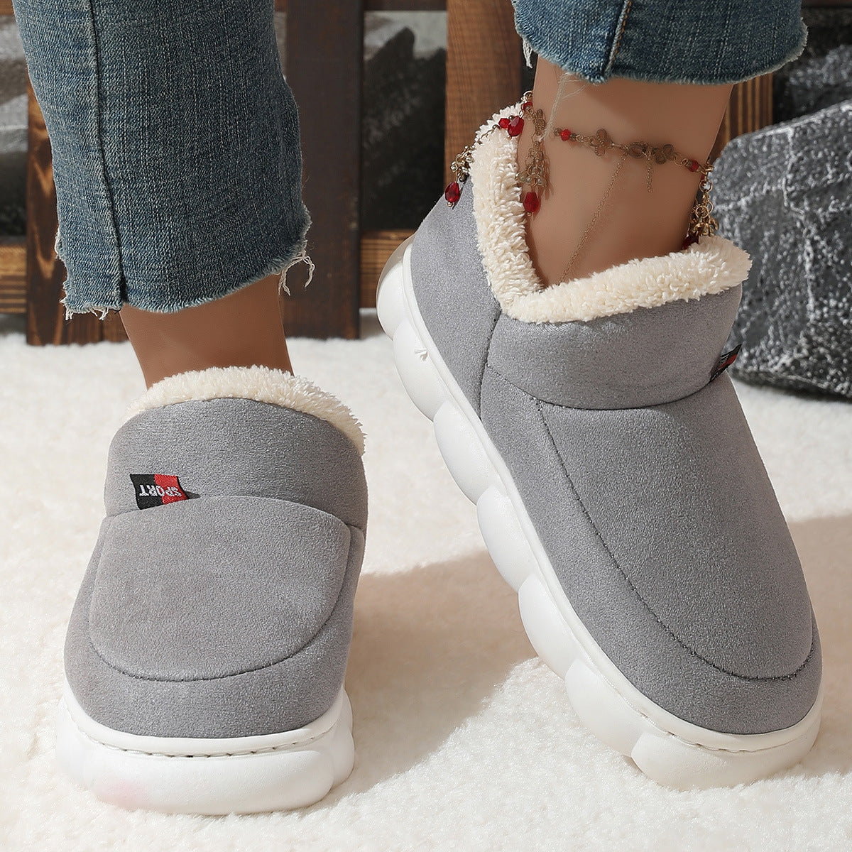 Unisex Winter Plush Cotton Solid Colour Warm House Shoes - Thick-Soled Suede Outdoor Shoe