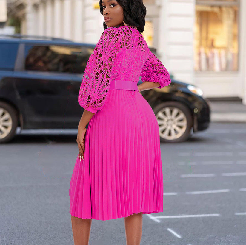 Lace Stitching Pleated Hollow-out Plus Size African Dress For Women