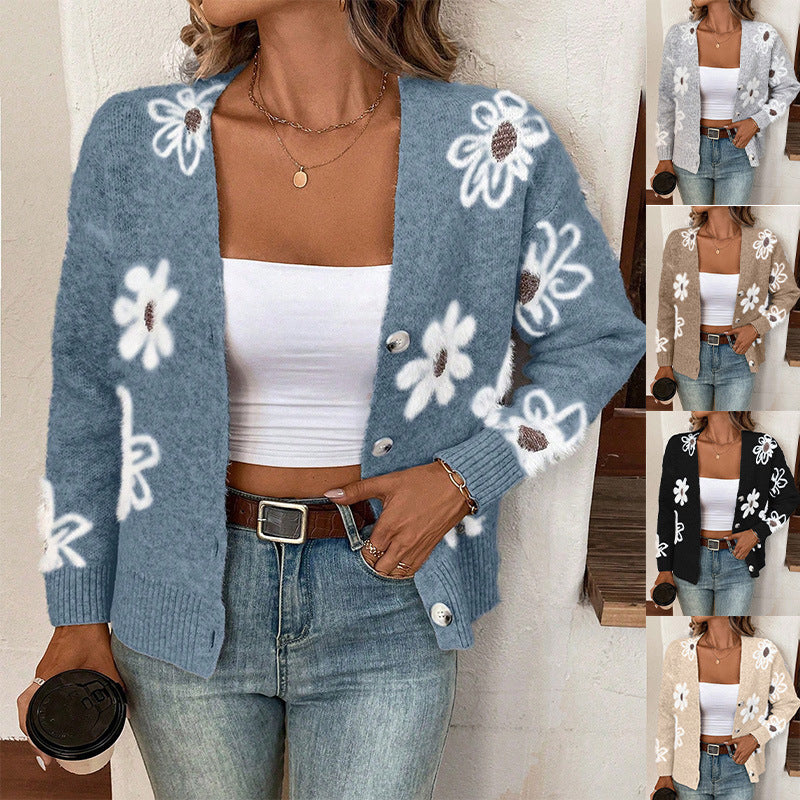 Women's Flowers Print Button Front Cardigan