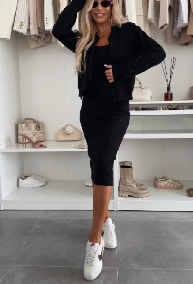 Women's Two-Piece Set Solid Colour Sling Dress - Cardigan Outerwear Top With Long Dress