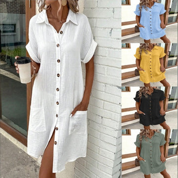 Summer Short Sleeve Shirt Dress Fashion - Solid Colour Single-Breasted Mid-Length Loose Dress