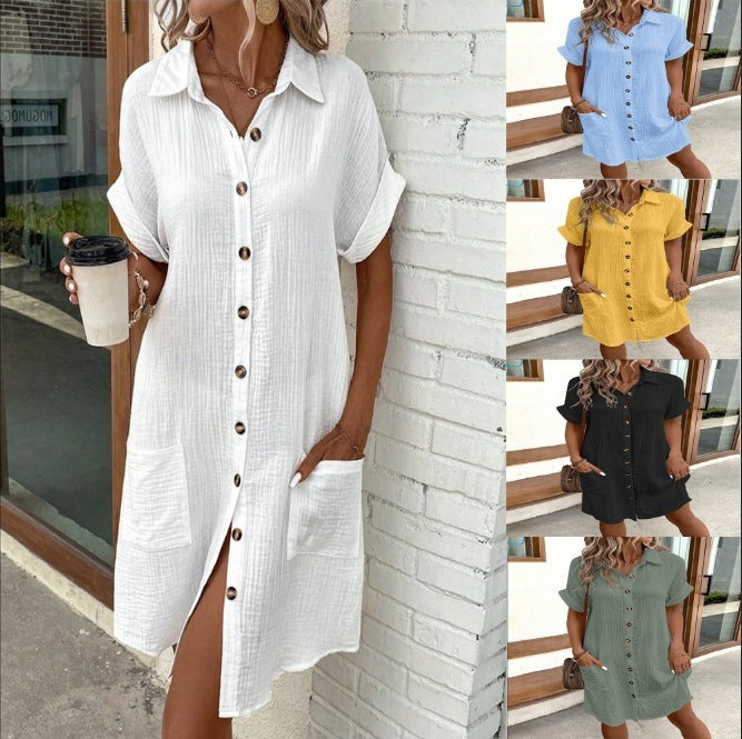 Summer Short Sleeve Shirt Dress Fashion - Solid Colour Single-Breasted Mid-Length Loose Dress