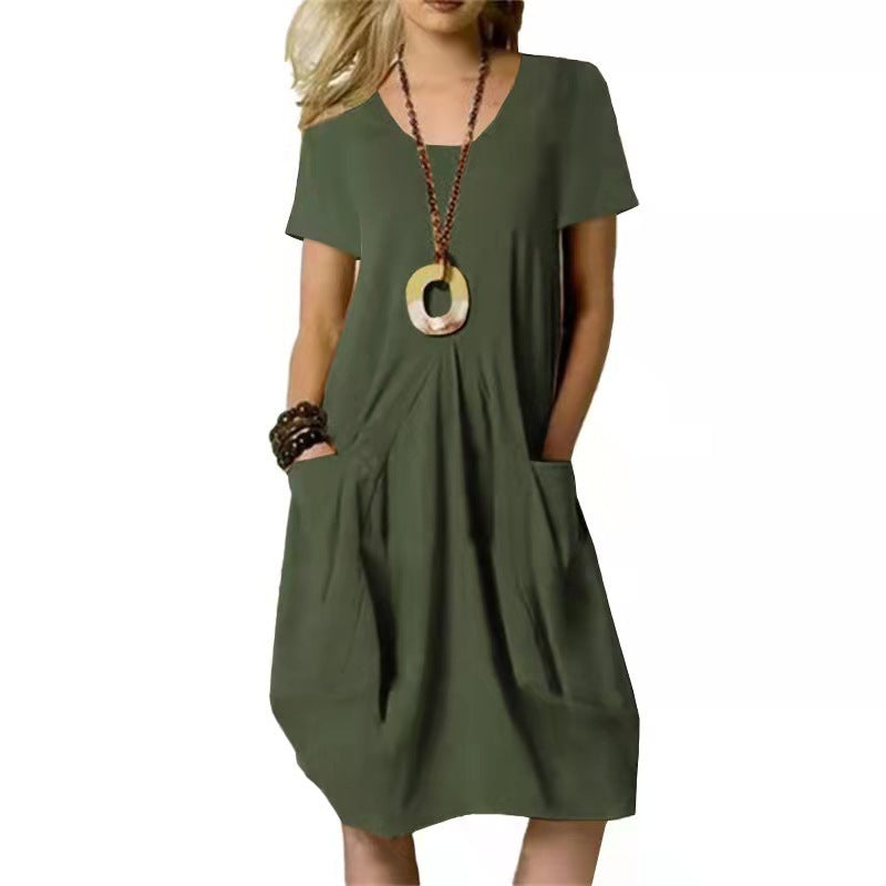 Women's Cotton And Linen Solid Colour Loose Round Neck Short Sleeve Dress