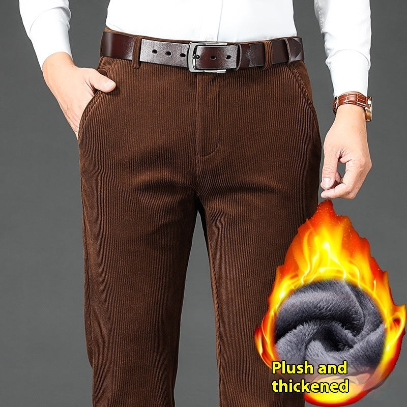Men's Fleece-Lined Thick Corduroy Pants - Middle-Aged High Waist Warm Trousers