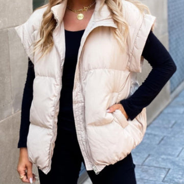 Women's Solid Colour Zipper Pocket Cotton-Padded Vest Coat - Stand Collar Temperament Commute Coat