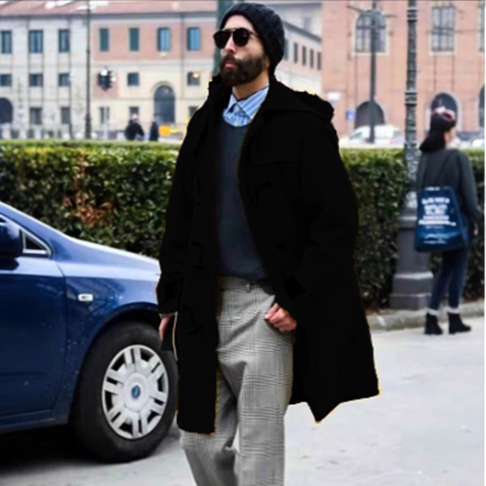 Men's Retro Horn Button Hooded Woollen Trench Coat