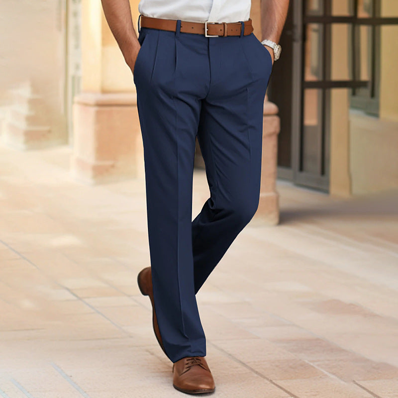 Men's Office Business Formal Straight Long Pants -  Mid Waist Trousers