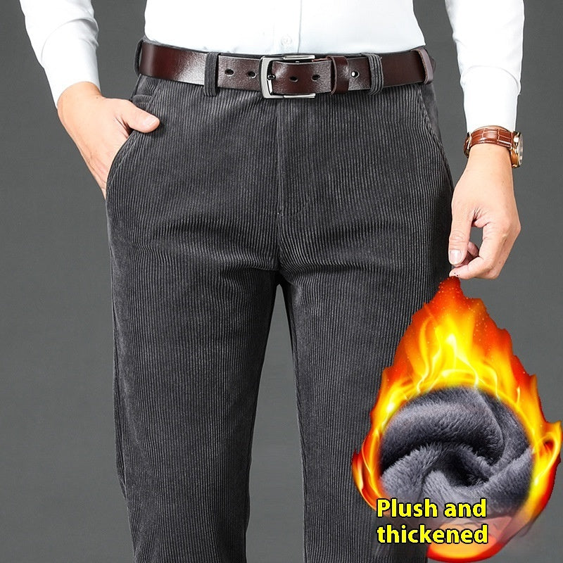 Men's Fleece-Lined Thick Corduroy Pants - Middle-Aged High Waist Warm Trousers