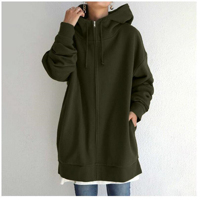 Women's Oversized Loose Hooded Coats, Autumn Tie Collar Long Sleeve Zipper Up And Velvet Long Sweatshirt Sizes S-5XL