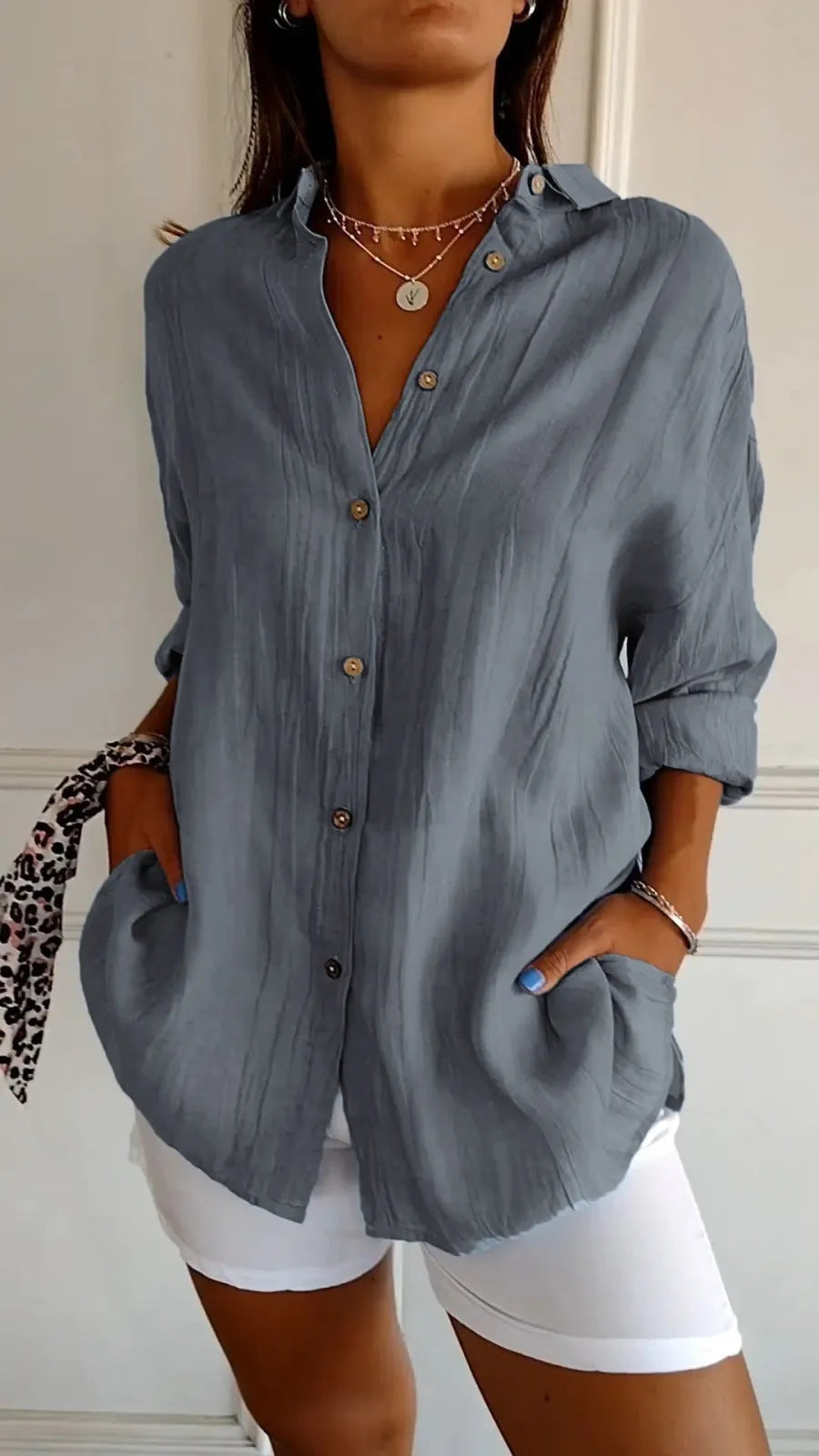 Women's Lapel Long-Sleeve Single-Breasted And Pleated Shirt
