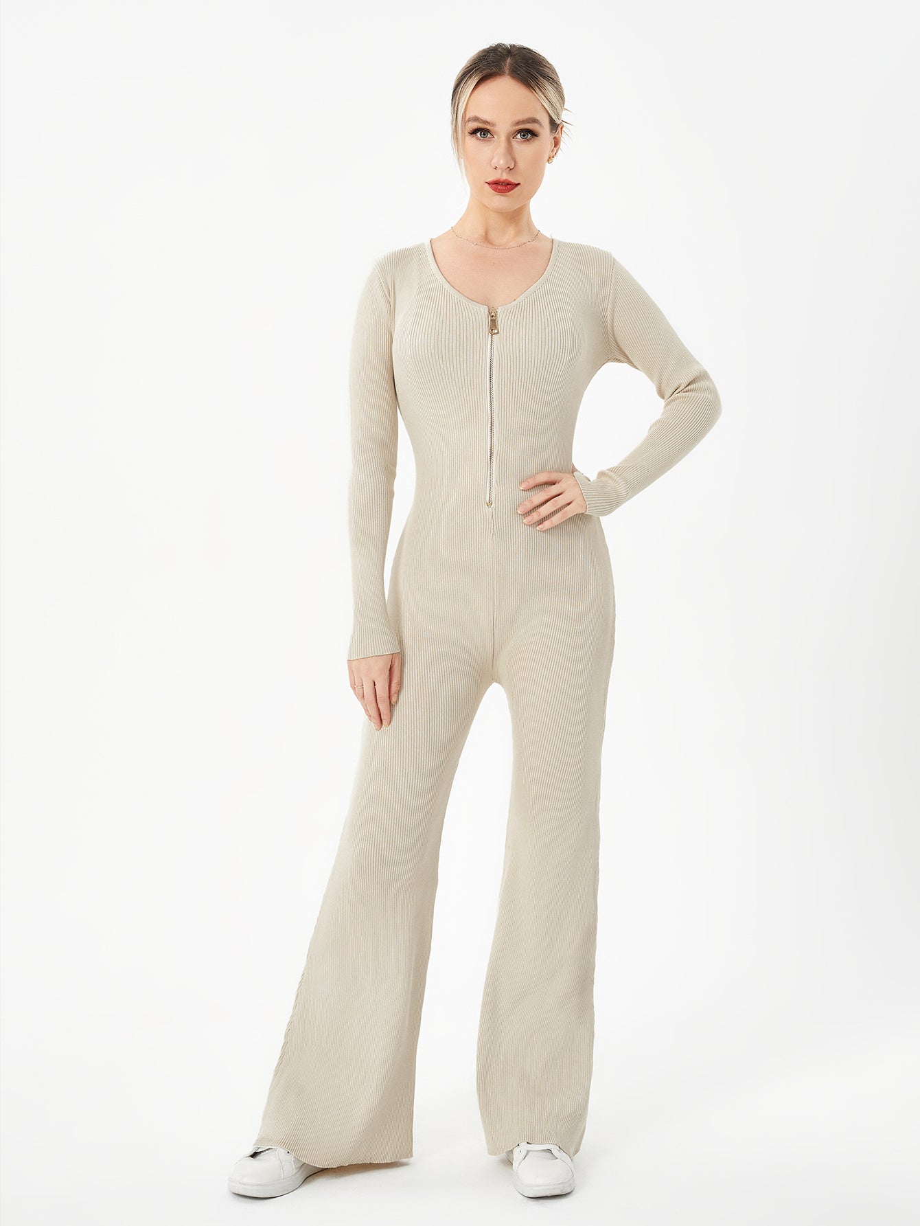 Women's Zippered Round Neck Flared Trousers