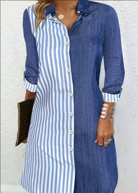 Women's Stylish Striped Print Colour Block Long-Sleeve Shirt Dress - Versatile Dress Suitable For Autumn