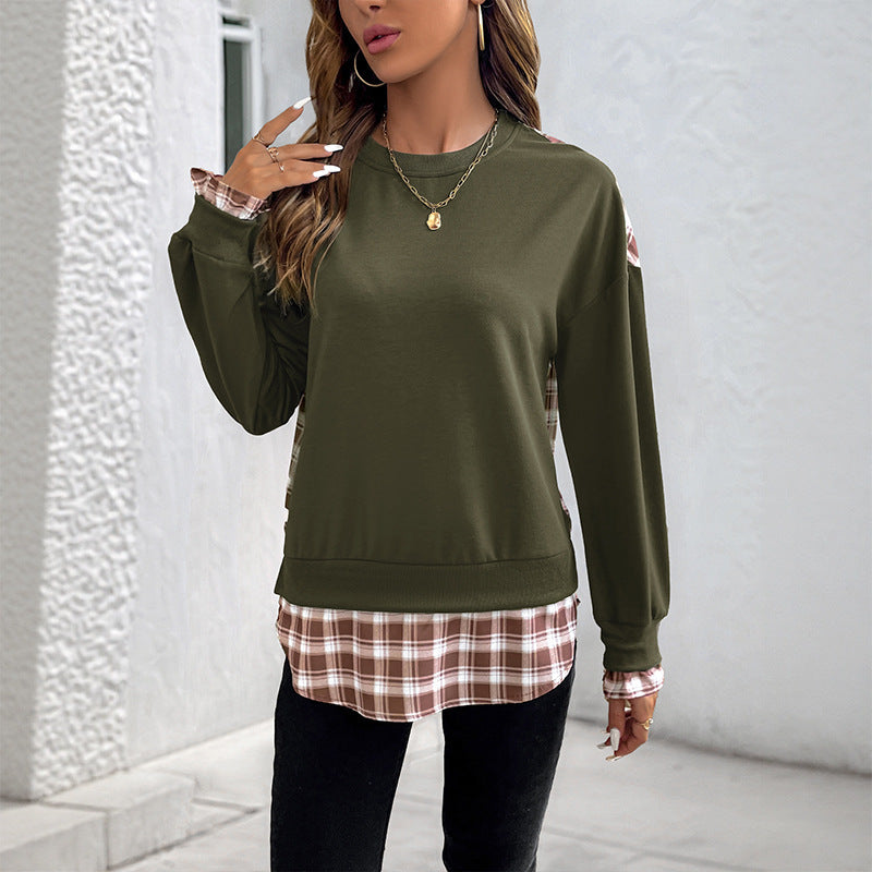 Women's Thin Plaid Stitching Crew Neck Pullover Sweatshirt