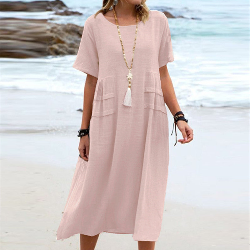 Women's Summer Loose Casual Mid Breathable Dress, Cotton Linen Short-Sleeve & Mid-Length Simple Beach Dress