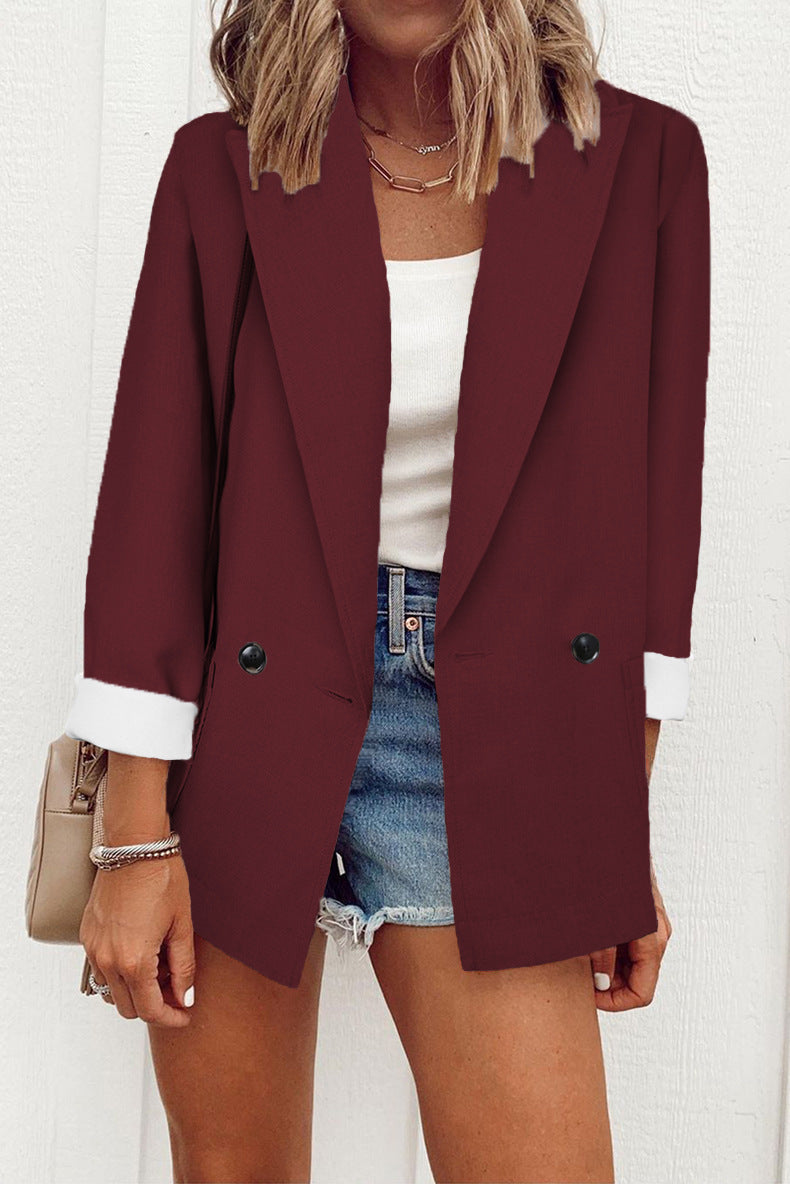 Women's Casual Solid Colour Suit With Collar - Long Sleeve Loose Coat