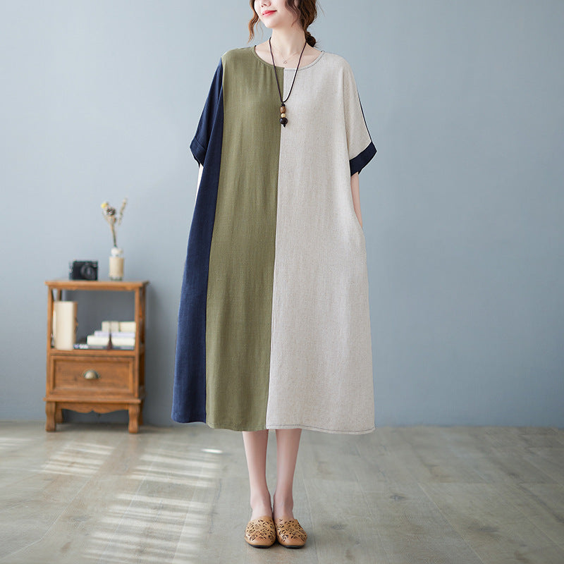 Women's Cotton And Linen Loose Half Sleeve Contrast Panelled Dress