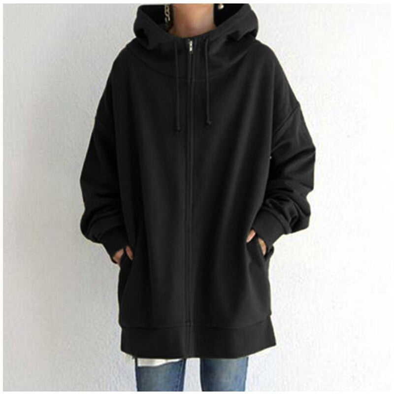 Women's Oversized Loose Hooded Coats, Autumn Tie Collar Long Sleeve Zipper Up And Velvet Long Sweatshirt Sizes S-5XL