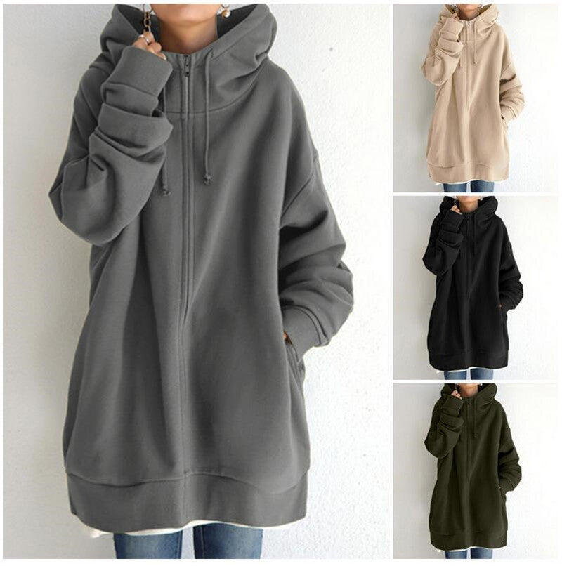 Women's Oversized Loose Hooded Coats, Autumn Tie Collar Long Sleeve Zipper Up And Velvet Long Sweatshirt Sizes S-5XL