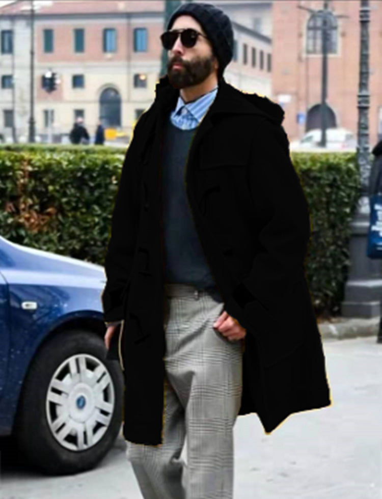 Men's Retro Horn Button Hooded Woollen Trench Coat
