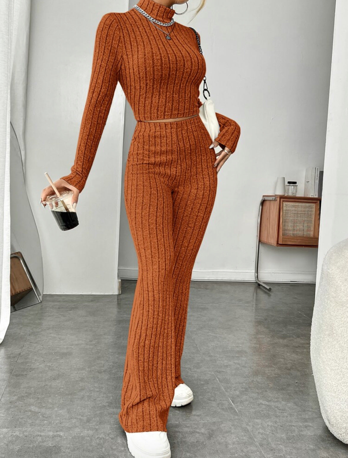 Long Sleeve Turtlenecks Wide Leg High Waist Trousers Suit For Women
