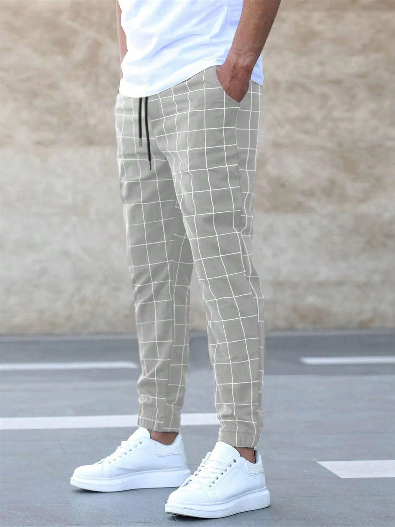 Men's Casual Drawstring Trousers - Plaid Print Pants