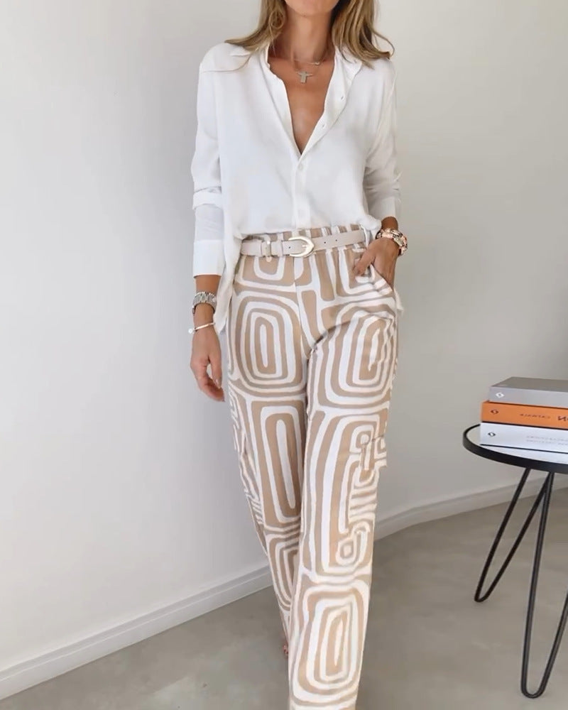 Women's Casual Long-Sleeved Lapel Shirt Printed Wide-Leg Pants Suit