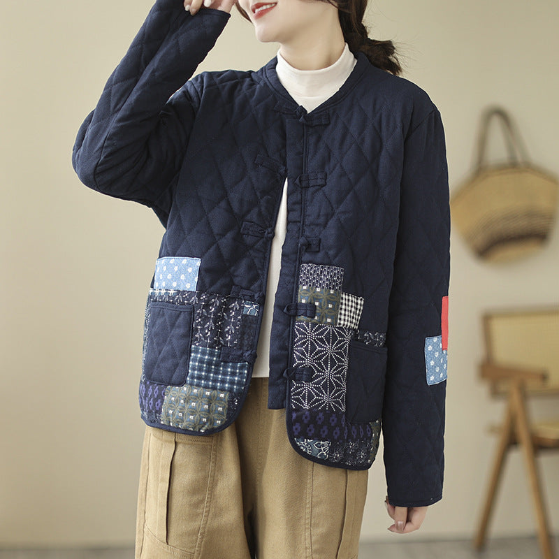 Vintage Patch Cardigan Loose Casual Buckle Rhombus Cotton-Padded Jacket