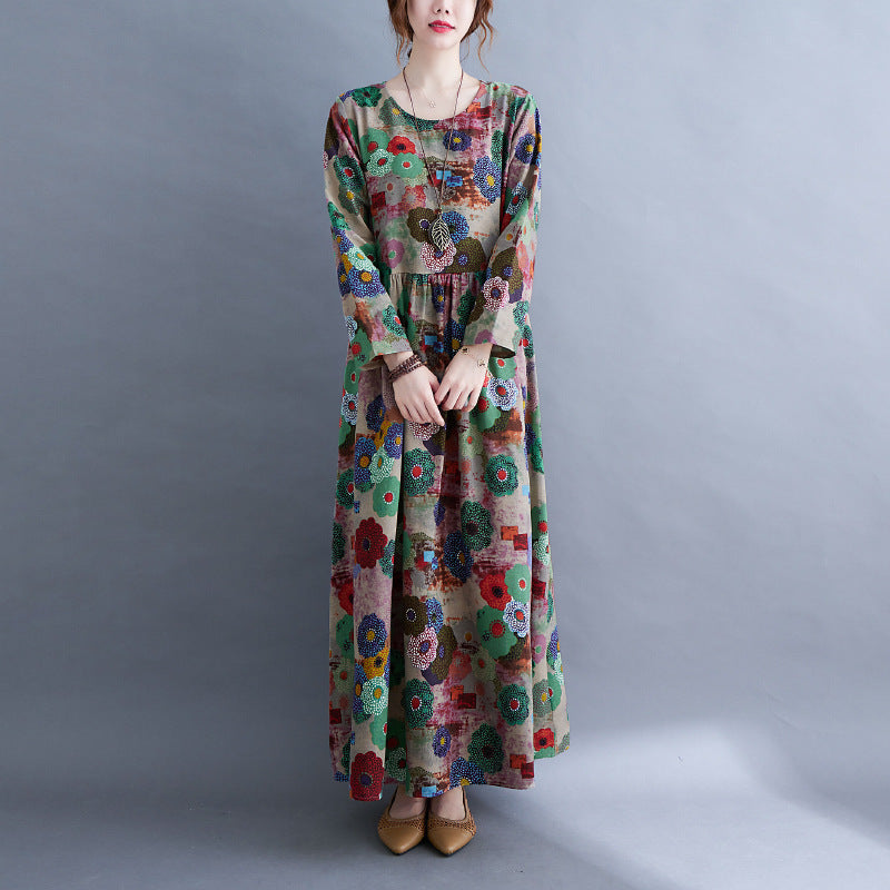 Literary Plus Size Printed Long Sleeve Dress For Women